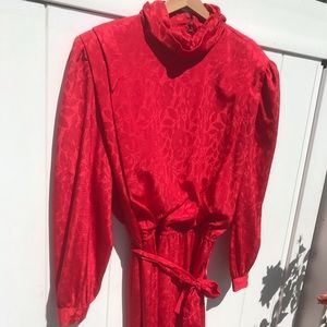 80's Turtleneck Red Puff Sleeve Floral Dress